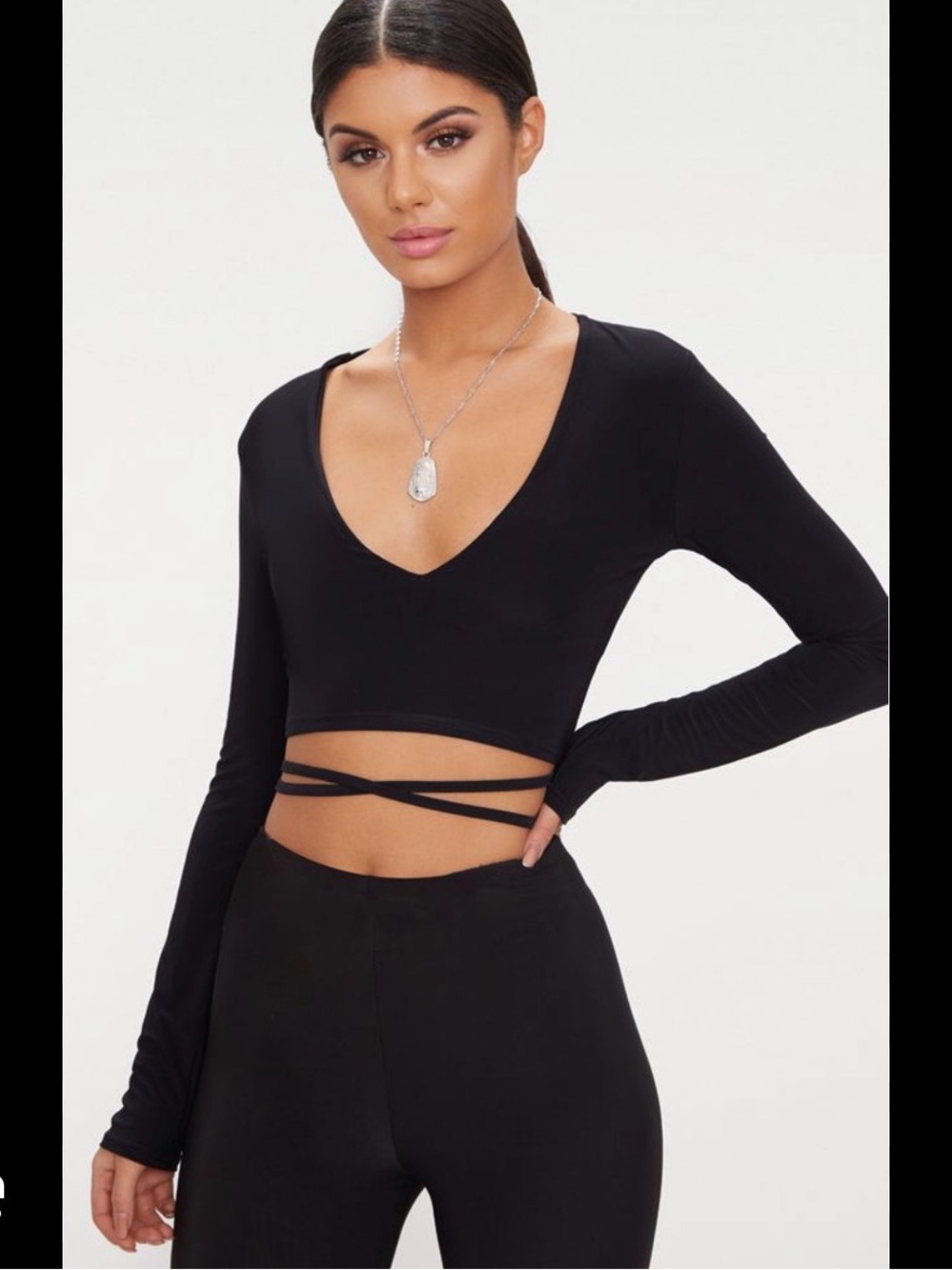 PrettyLittleThing Black Long Sleeve V-Neck Wrap Crop Top